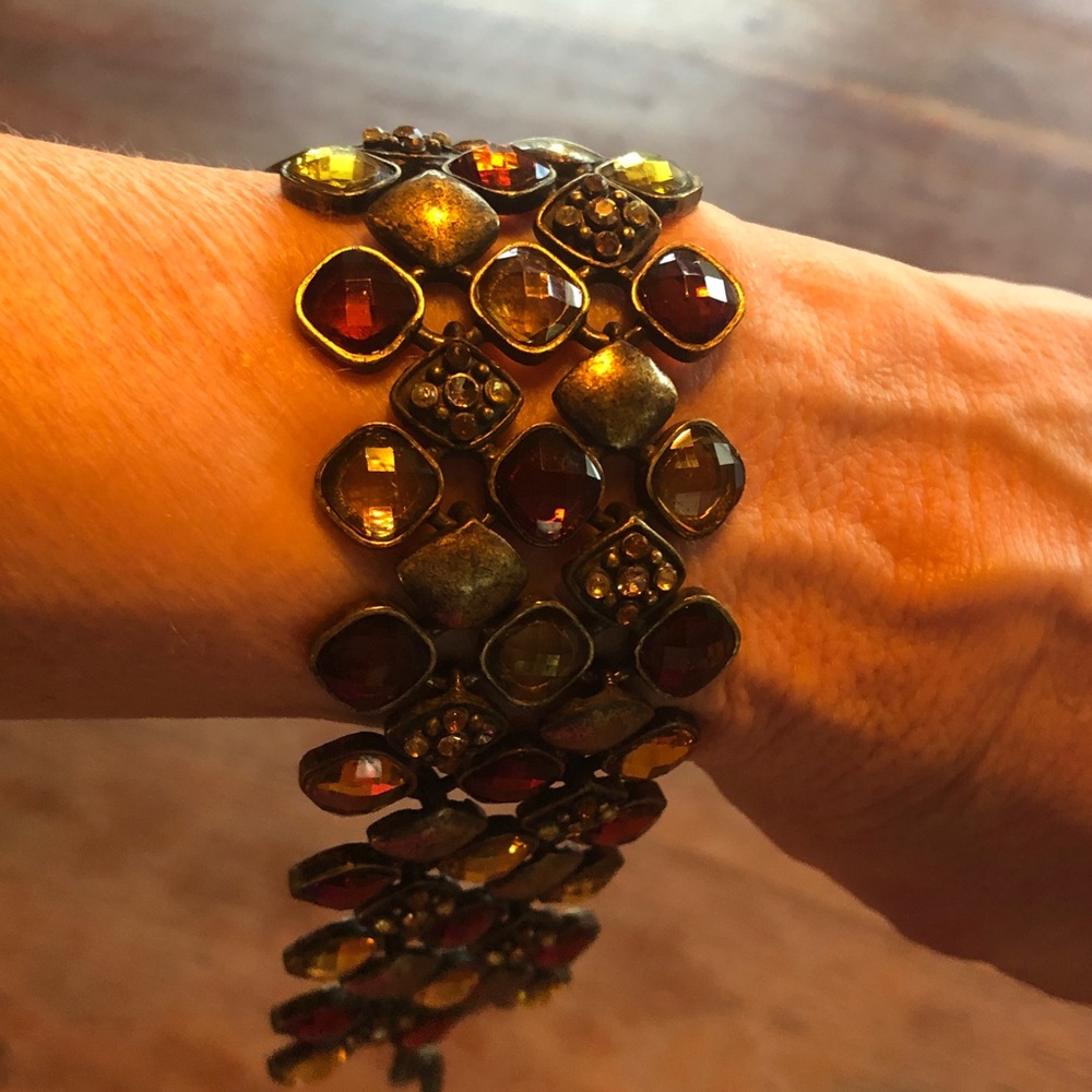 Versona Bracelet Vintage Amber and Brown Multi-Gem Rhinestone Classic Linked